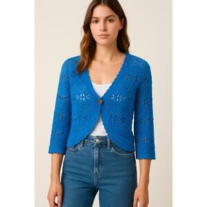 Handmade Crochet Cardigan Blue Knit Cottagecore Sweater S/M Boho 3/4 Sleeve